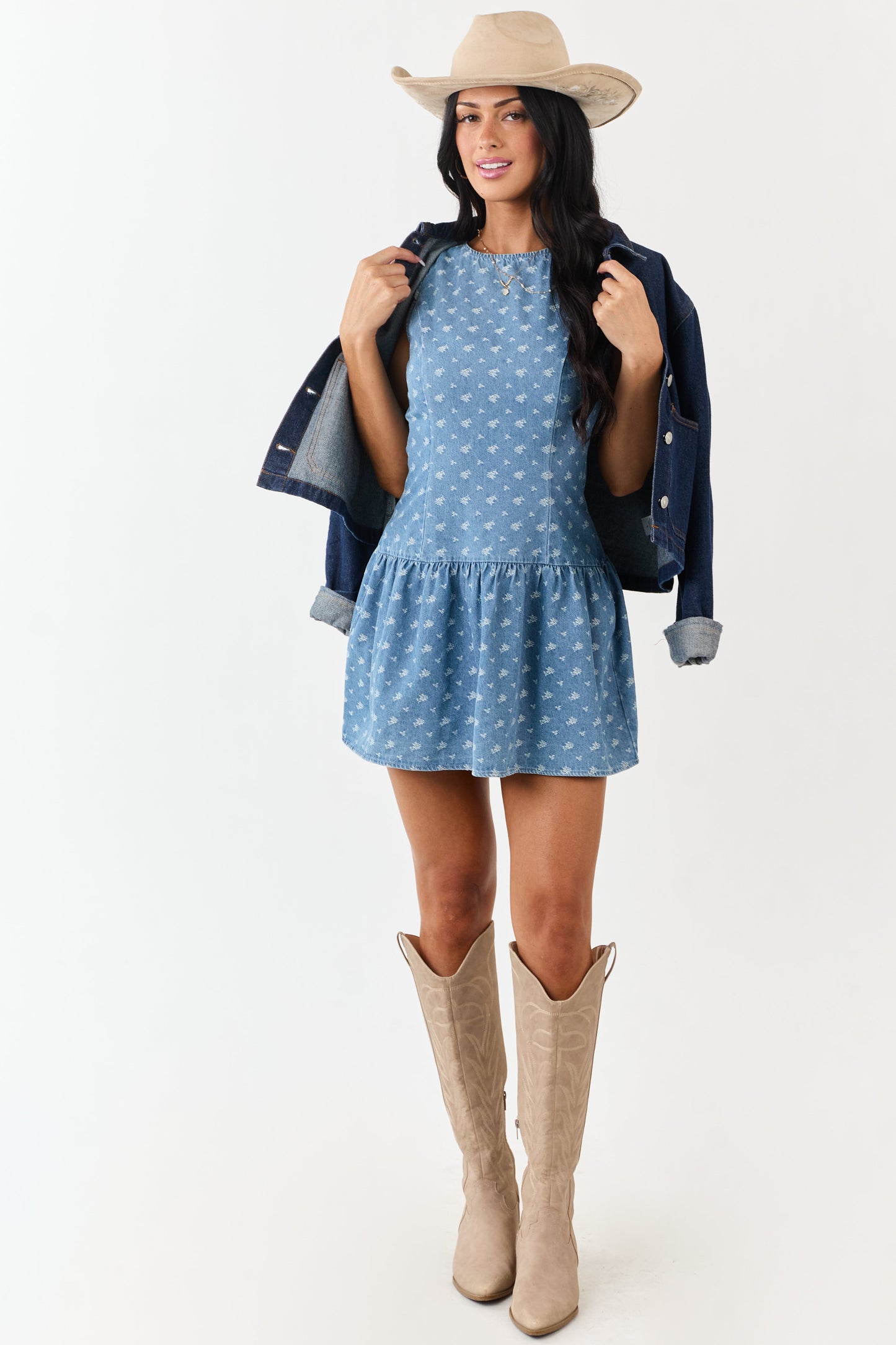 Medium Wash Denim Embroidered Mini Dress