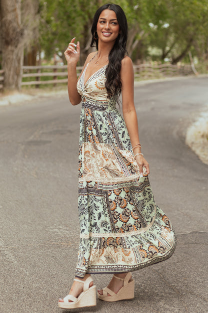 Mint Scarf Print Front Twist Sleeveless Maxi Dress