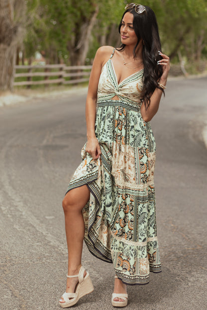 Mint Scarf Print Front Twist Sleeveless Maxi Dress