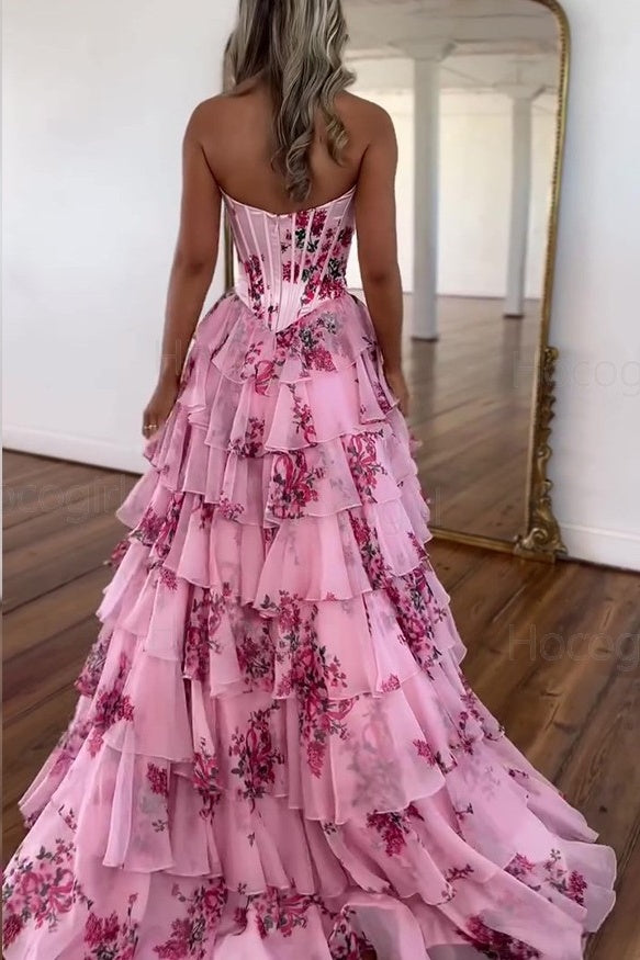 Modest A-Line Empire Sweetheart Strapless Floral Tiered Party Prom Dress
