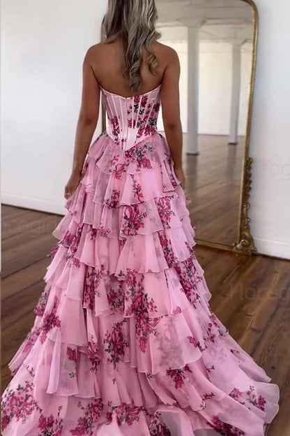 Modest A-Line Empire Sweetheart Strapless Floral Tiered Party Prom Dress
