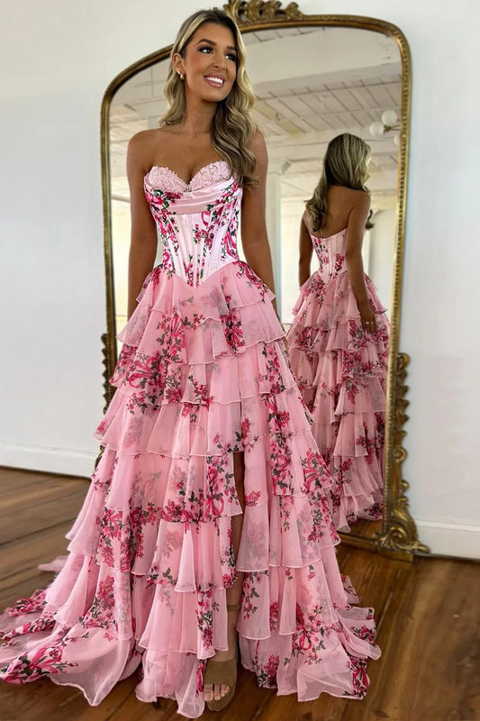 Modest A-Line Empire Sweetheart Strapless Floral Tiered Party Prom Dress