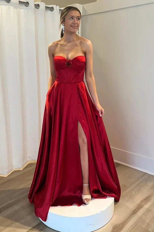 Modest Red Satin A-Line Strapless Empire Long Party Prom Dress