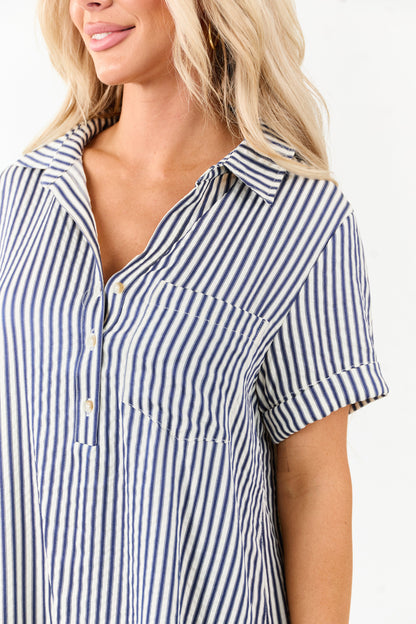 Navy and White Striped Button Up Mini Shirt Dress