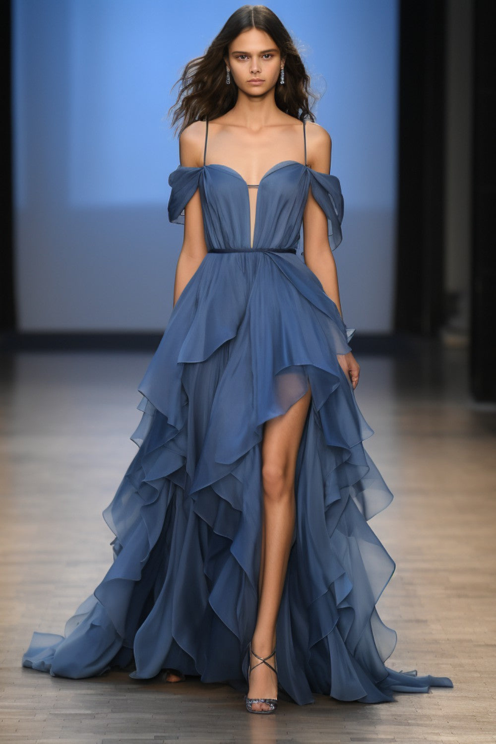 Dark Blue Chiffon Flowing Party Dress