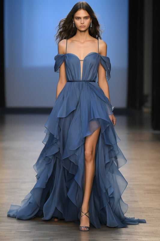 Dark Blue Chiffon Flowing Party Dress