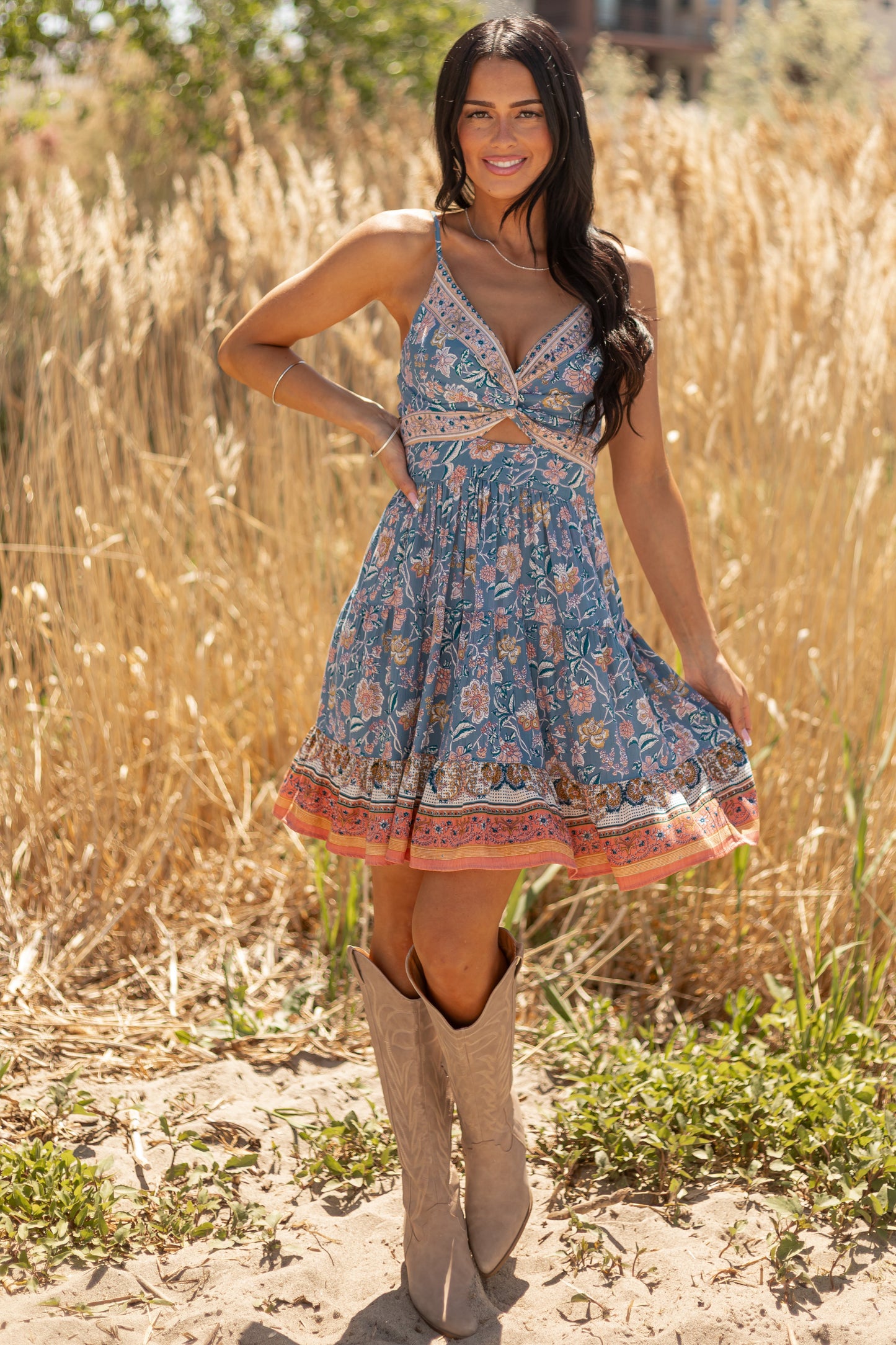 Ocean Floral Print Deep V Twist Cutout Mini Dress