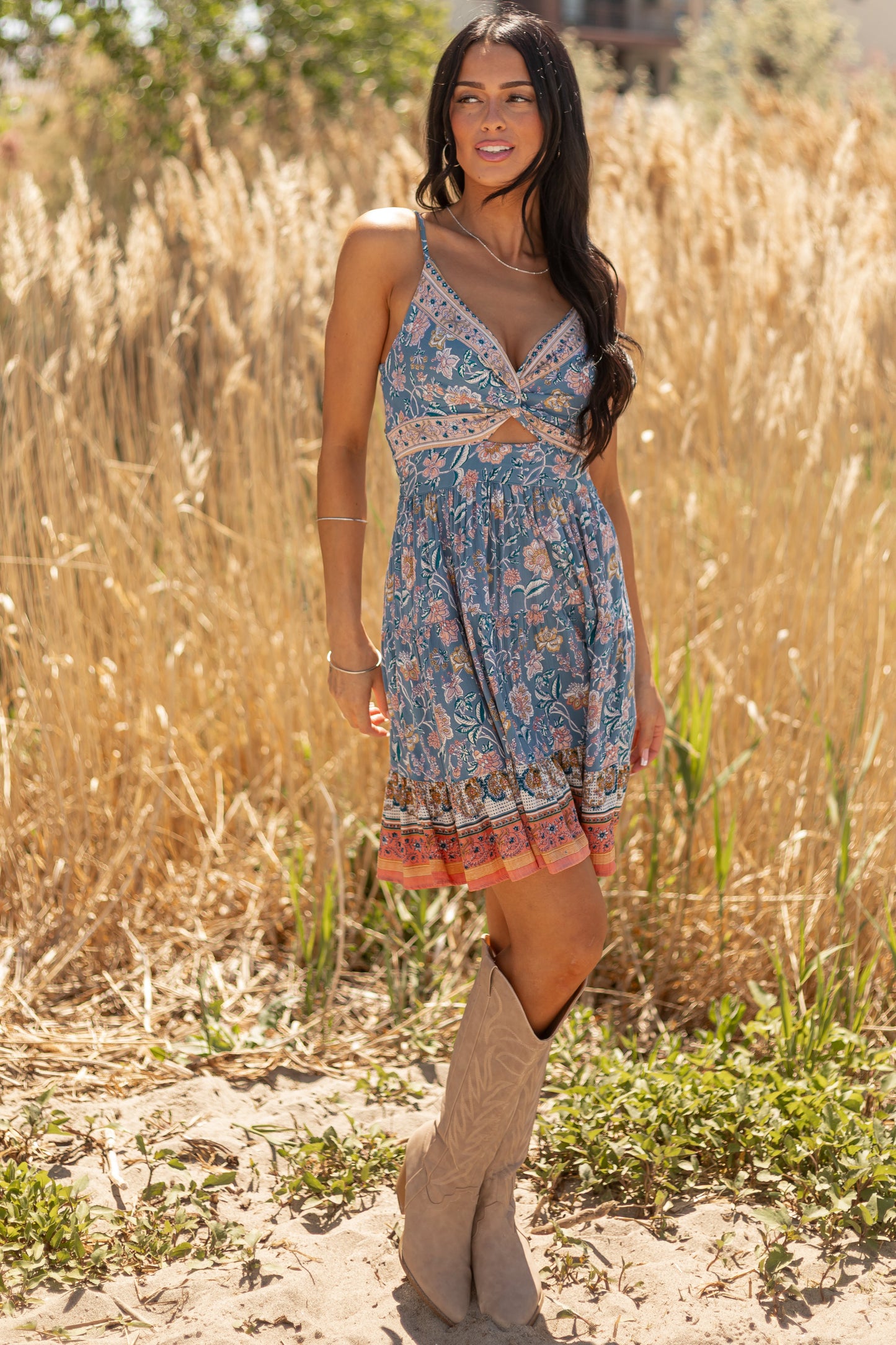 Ocean Floral Print Deep V Twist Cutout Mini Dress