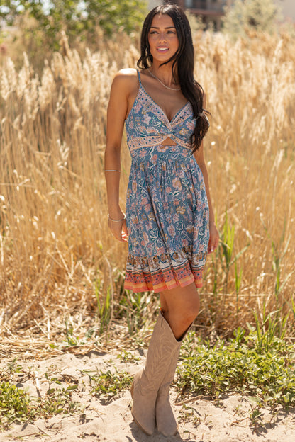 Ocean Floral Print Deep V Twist Cutout Mini Dress