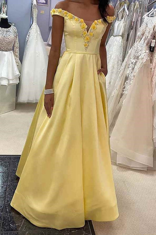 Off-Shoulder Satin A-Line Floral Appliques Prom Dress