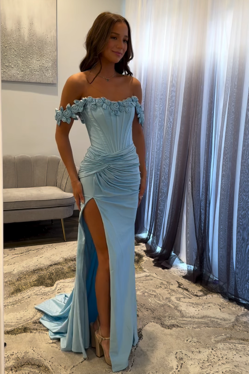 Off-Shoulder Satin Mermaid 3D Florals Empire Ruched Party Prom Dress
