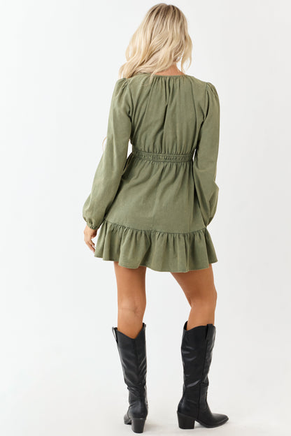 Olive Mineral Wash Denim Long Sleeve Mini Dress