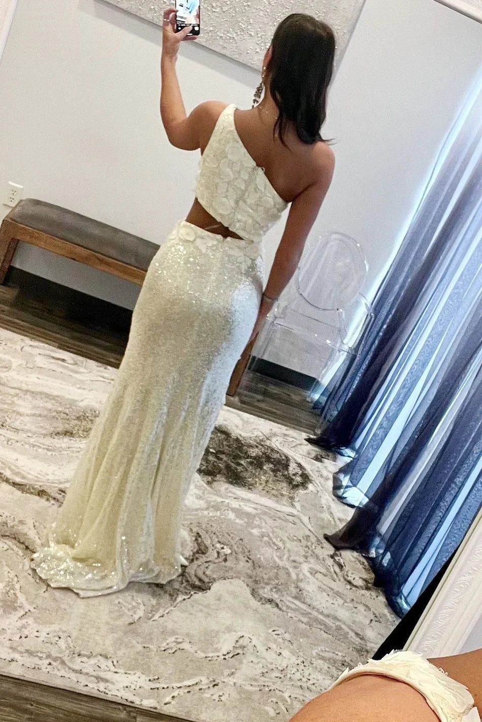 One Shoulder Illusion Empire Floral Appliques Sequins Prom Dress