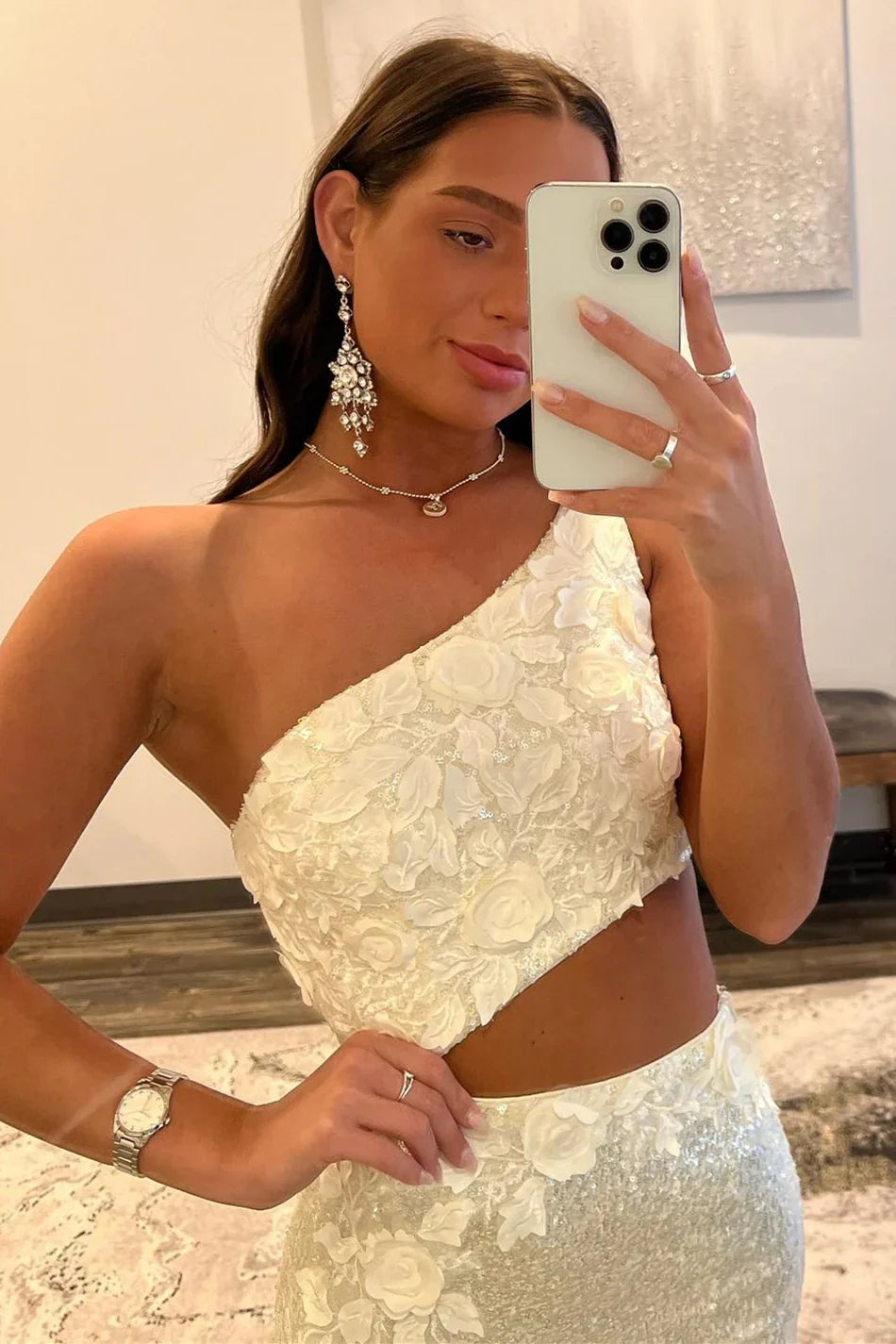 One Shoulder Illusion Empire Floral Appliques Sequins Prom Dress