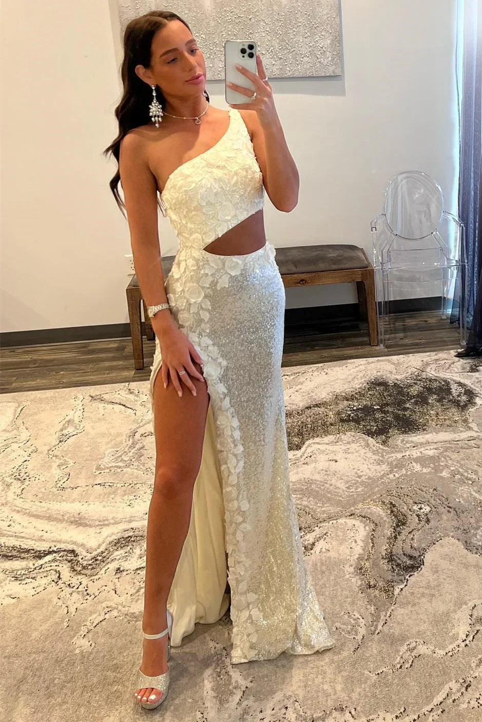 One Shoulder Illusion Empire Floral Appliques Sequins Prom Dress