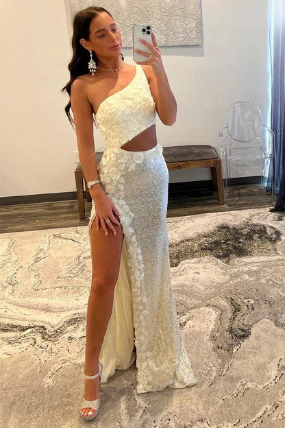 One Shoulder Illusion Empire Floral Appliques Sequins Prom Dress