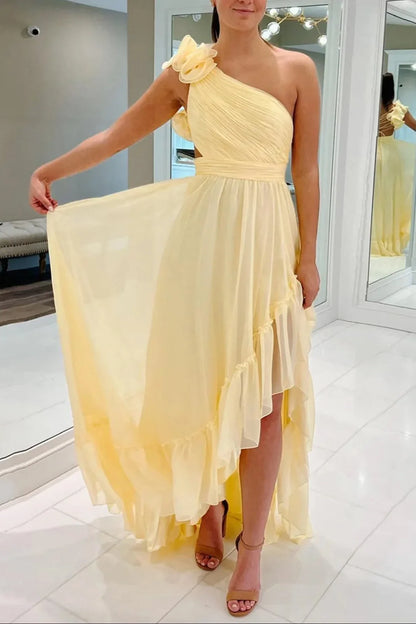 One Shoulder Sleeveless Chiffon A-Line Lace Up Ruffled Party Prom Dress