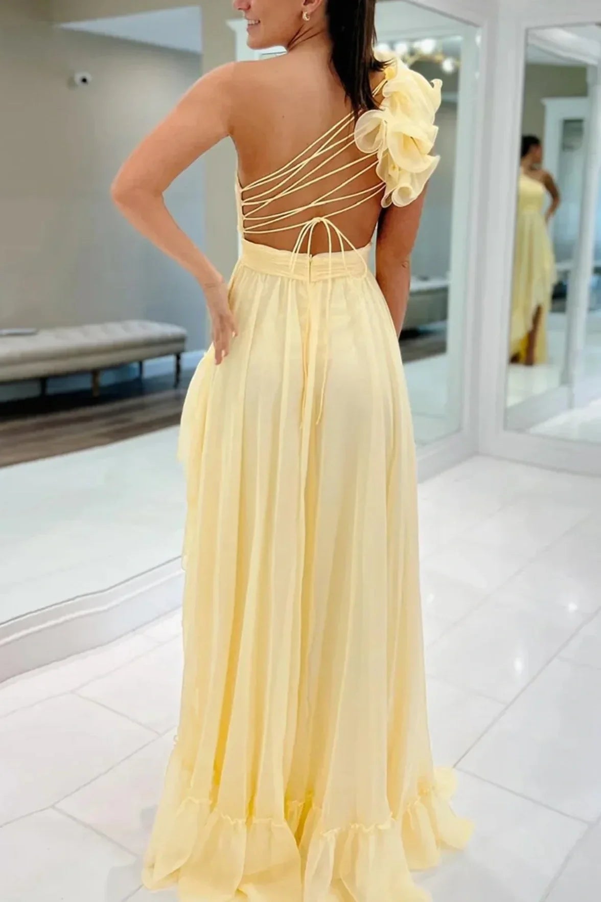 One Shoulder Sleeveless Chiffon A-Line Lace Up Ruffled Party Prom Dress