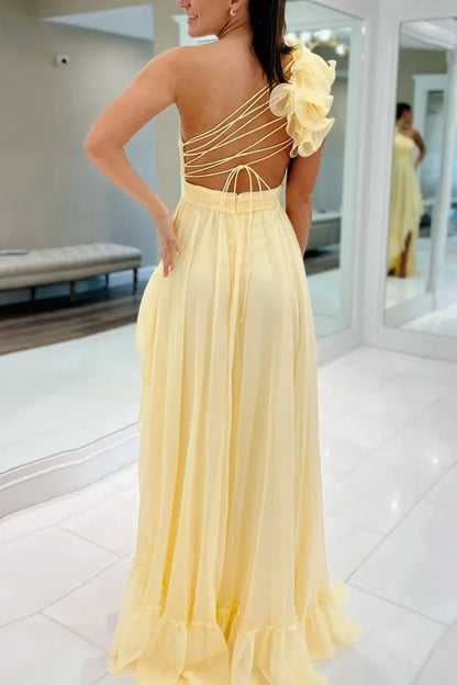One Shoulder Sleeveless Chiffon A-Line Lace Up Ruffled Party Prom Dress