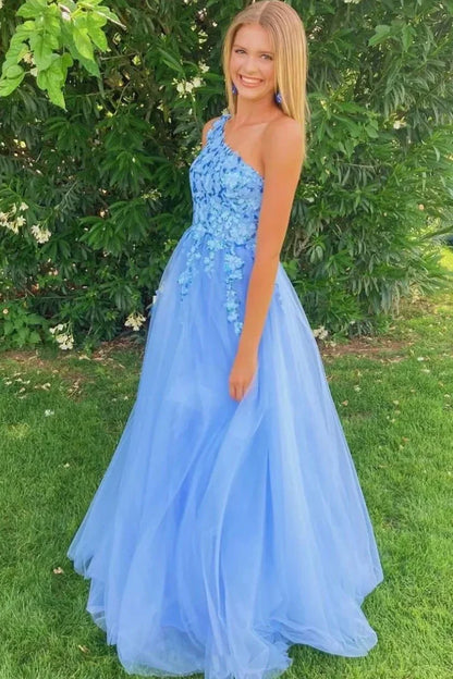 One Shoulder Sleeveless Tulle A-Line Appliques Party Prom Dress