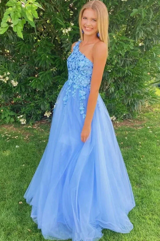 One Shoulder Sleeveless Tulle A-Line Appliques Party Prom Dress