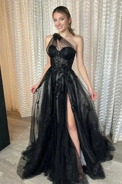 One Shoulder Sleeveless Tulle A-Line Florals Appliques Party Prom Dress