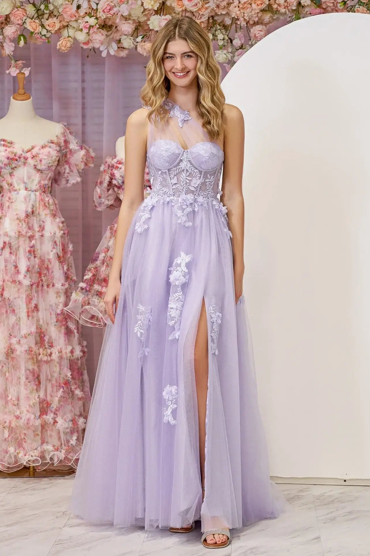 One Shoulder Sleeveless Tulle A-Line Florals Appliques Party Prom Dress