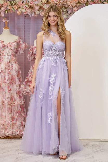 One Shoulder Sleeveless Tulle A-Line Florals Appliques Party Prom Dress