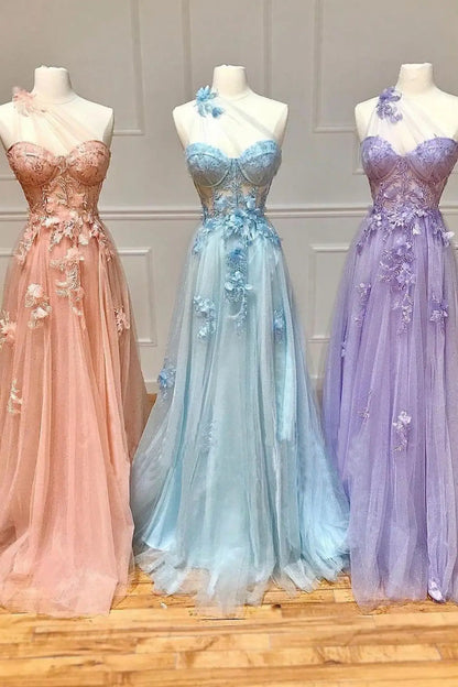 One Shoulder Sleeveless Tulle A-Line Florals Appliques Party Prom Dress