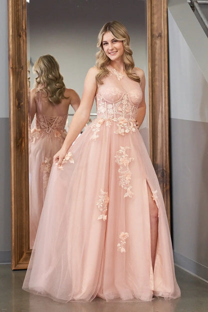 One Shoulder Sleeveless Tulle A-Line Florals Appliques Party Prom Dress