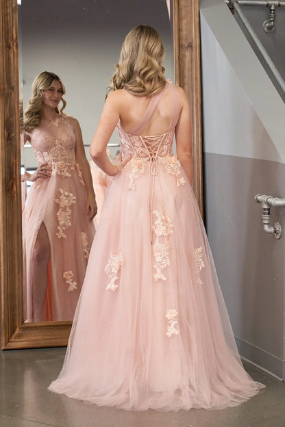 One Shoulder Sleeveless Tulle A-Line Florals Appliques Party Prom Dress