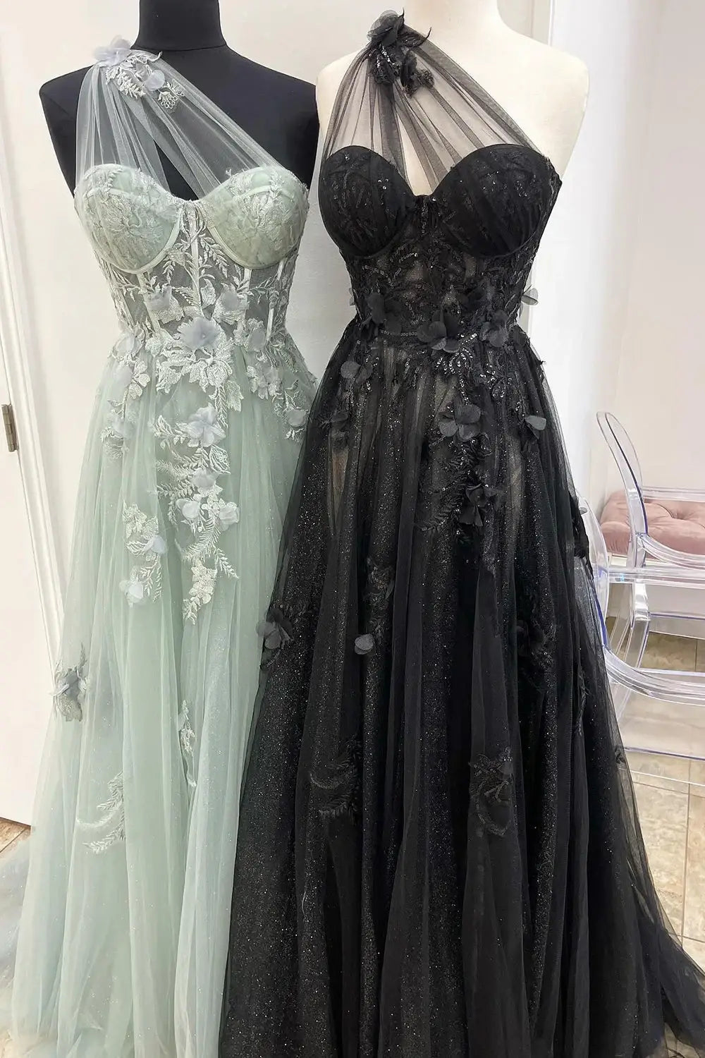 One Shoulder Sleeveless Tulle A-Line Florals Appliques Party Prom Dress