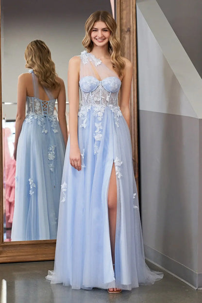 One Shoulder Sleeveless Tulle A-Line Florals Appliques Party Prom Dress
