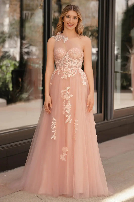 One Shoulder Sleeveless Tulle A-Line Florals Appliques Party Prom Dress