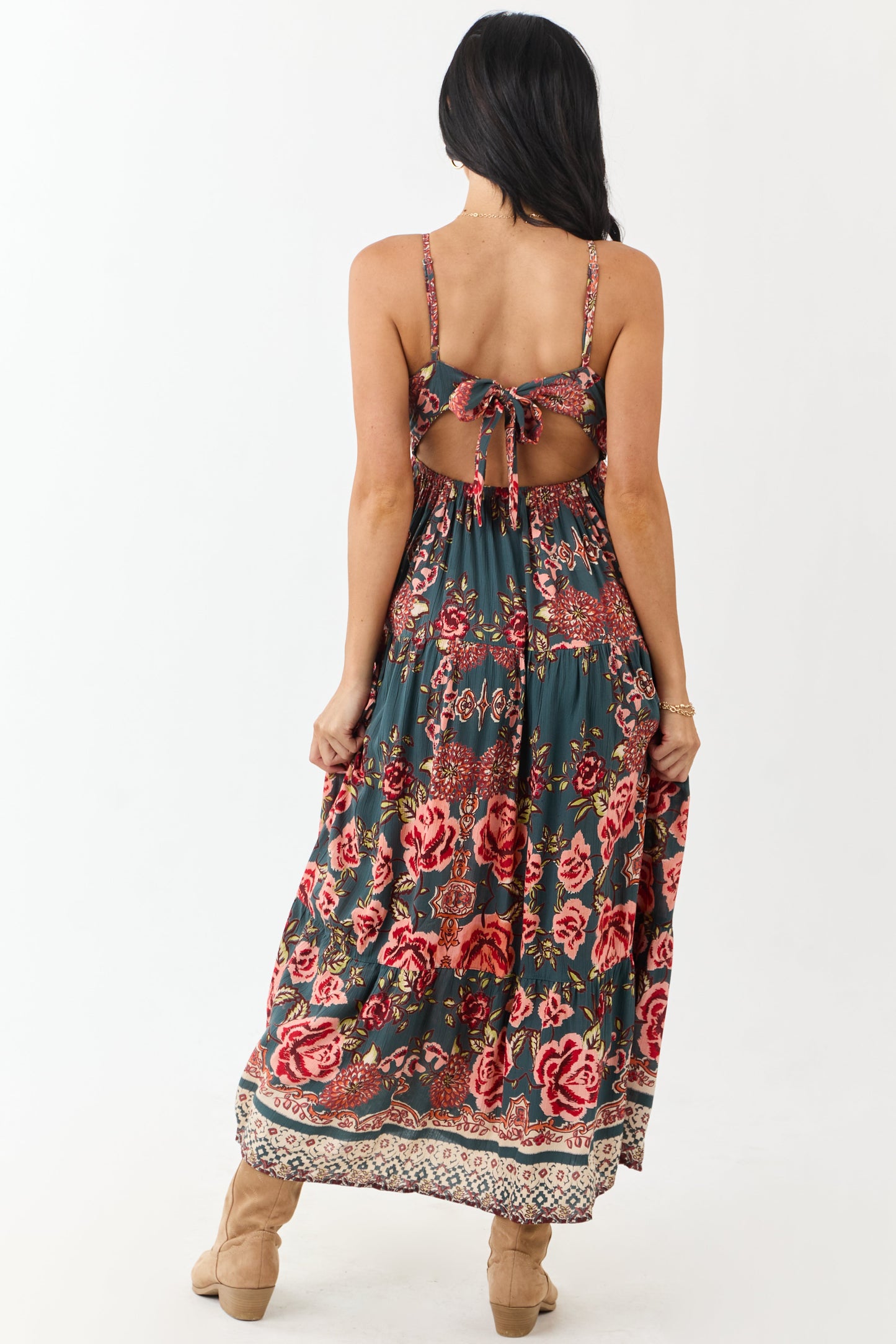 Pine Floral Print V Neck Sleeveless Maxi Dress