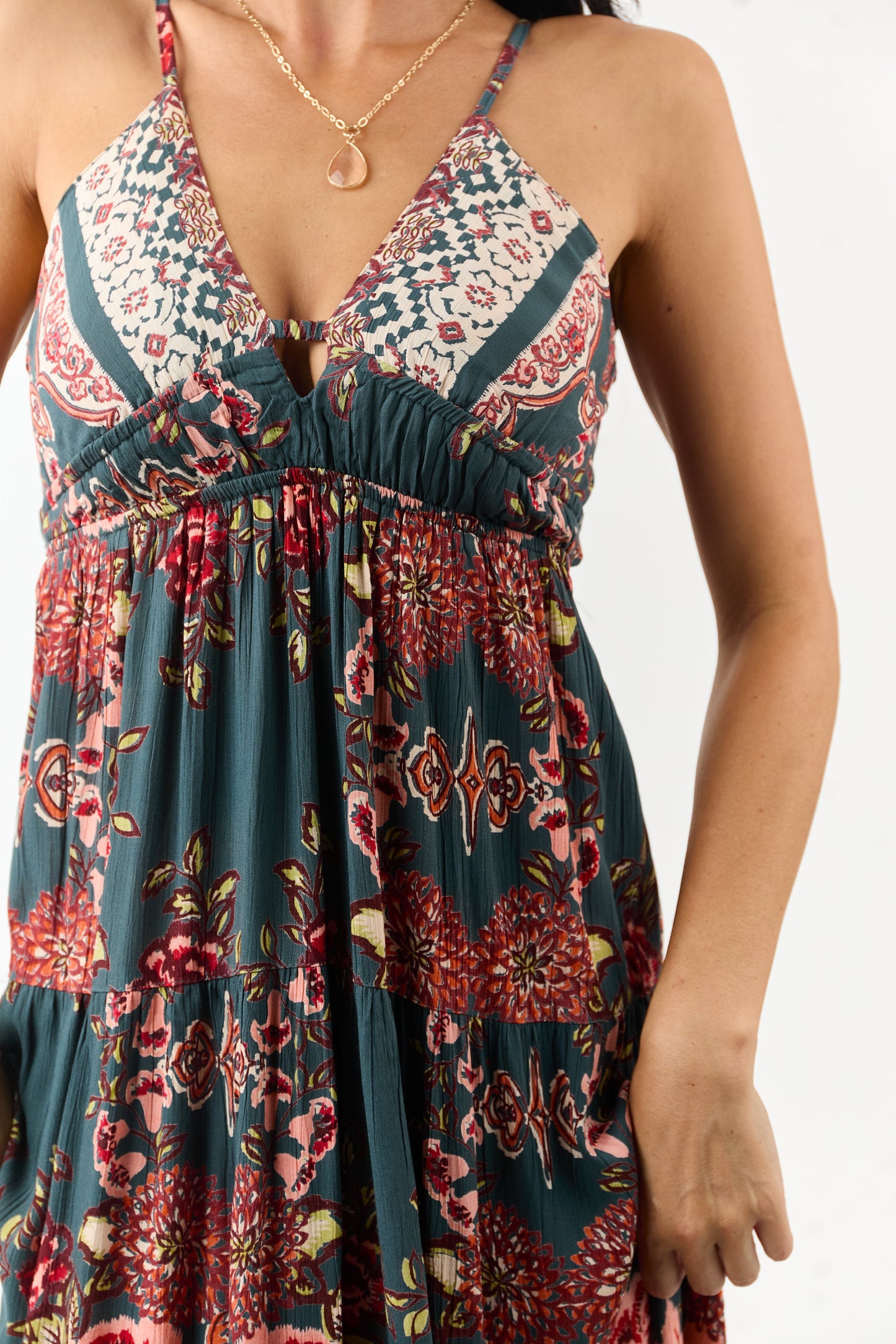 Pine Floral Print V Neck Sleeveless Maxi Dress