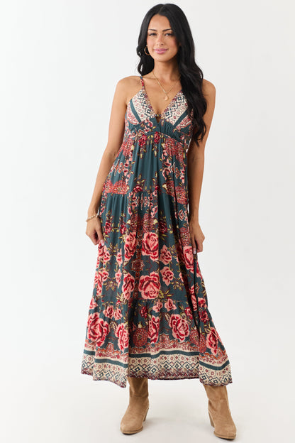Pine Floral Print V Neck Sleeveless Maxi Dress