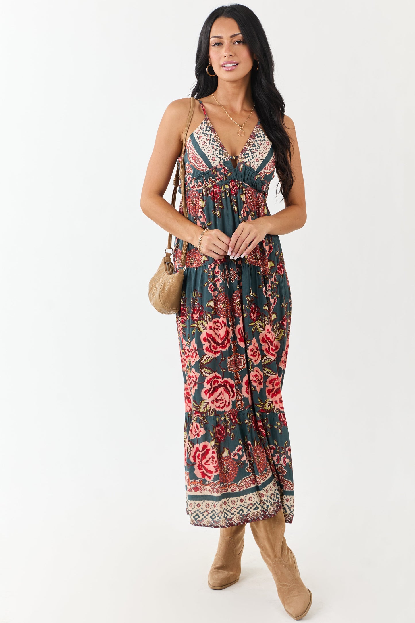 Pine Floral Print V Neck Sleeveless Maxi Dress
