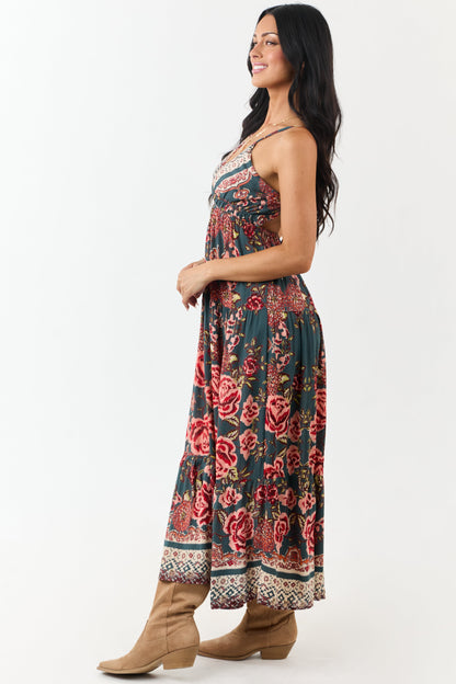 Pine Floral Print V Neck Sleeveless Maxi Dress
