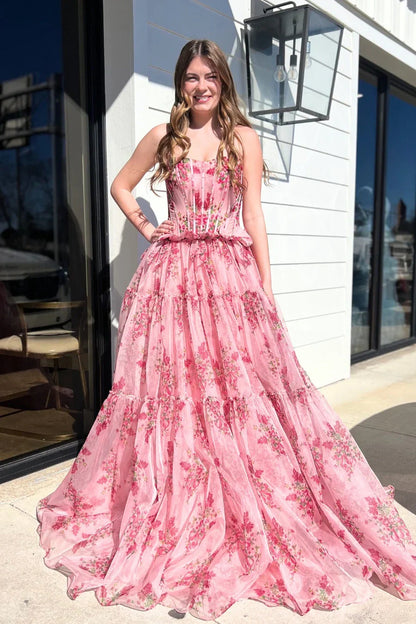 Pink Chiffon A-Line Strapless Empire Appliques Party Prom Dress