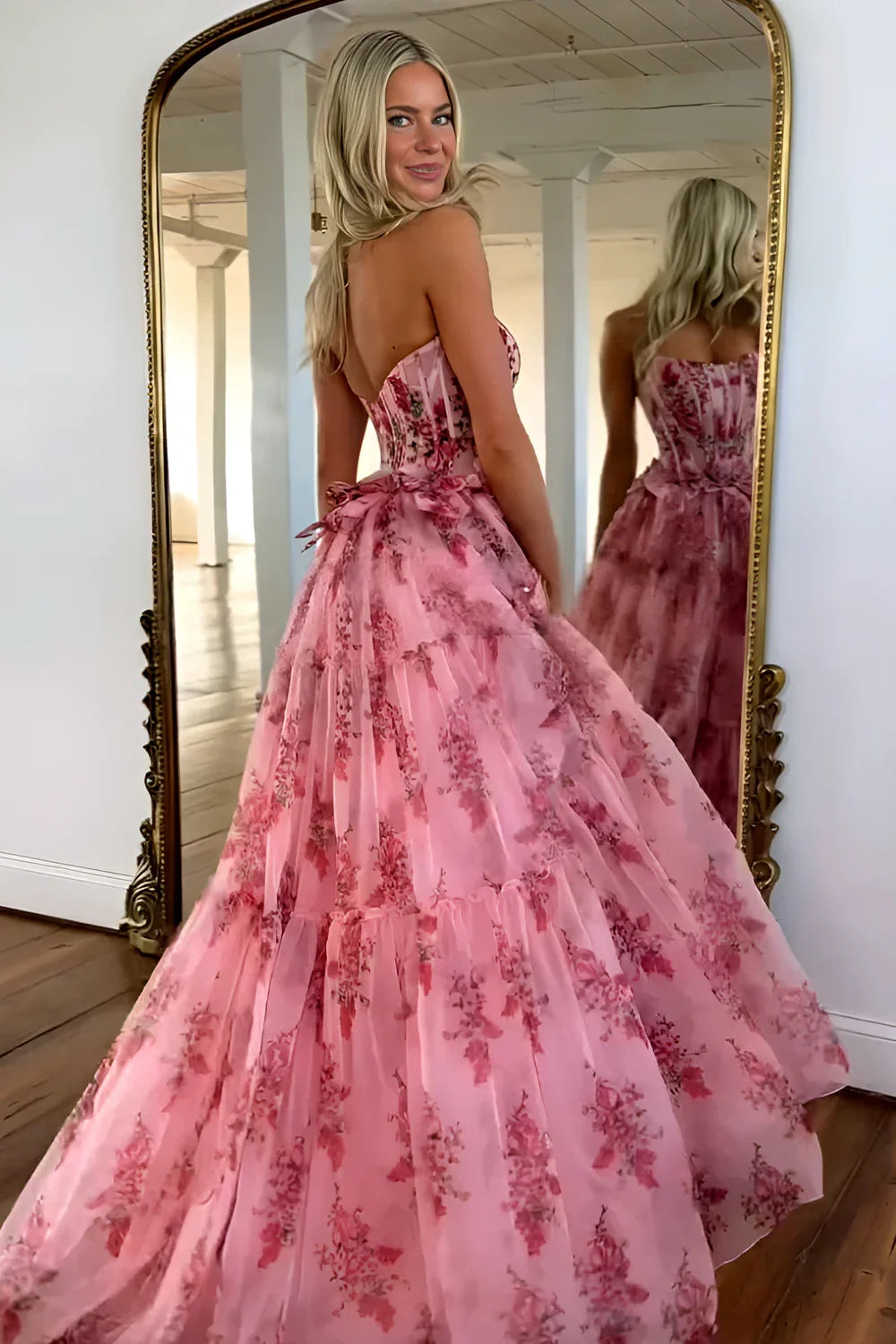 Pink Chiffon A-Line Strapless Empire Appliques Party Prom Dress