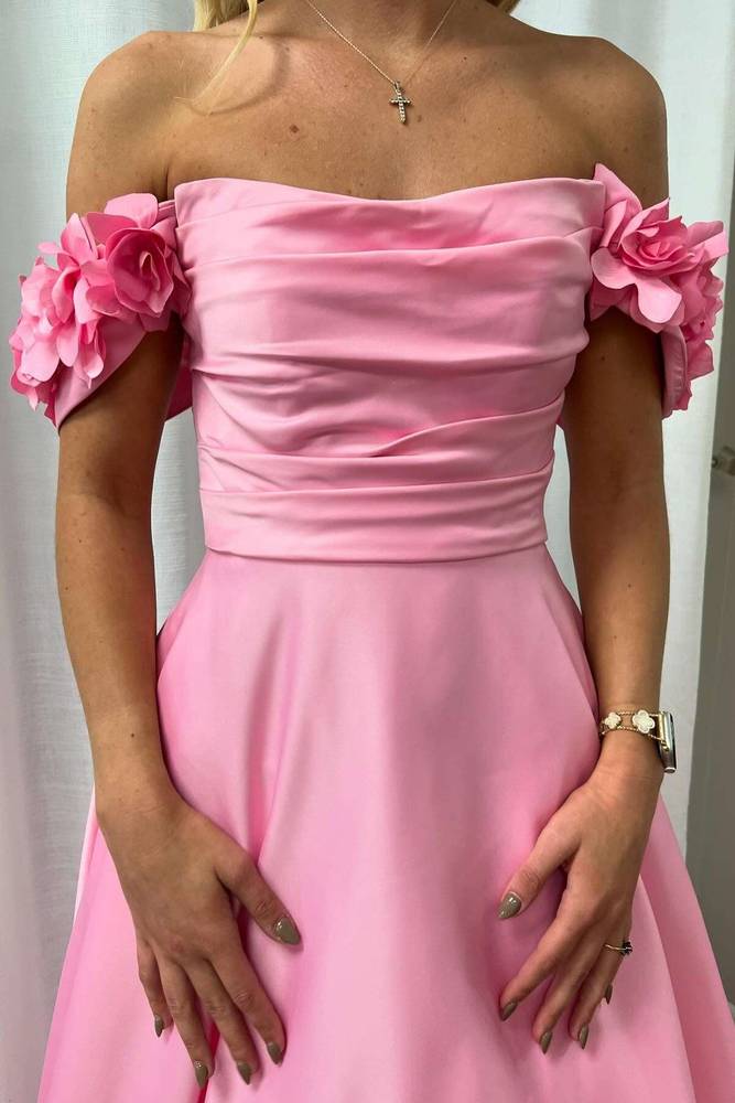 Pink Florals Off-Shoulder Satin A-Line Long Party Prom Dress