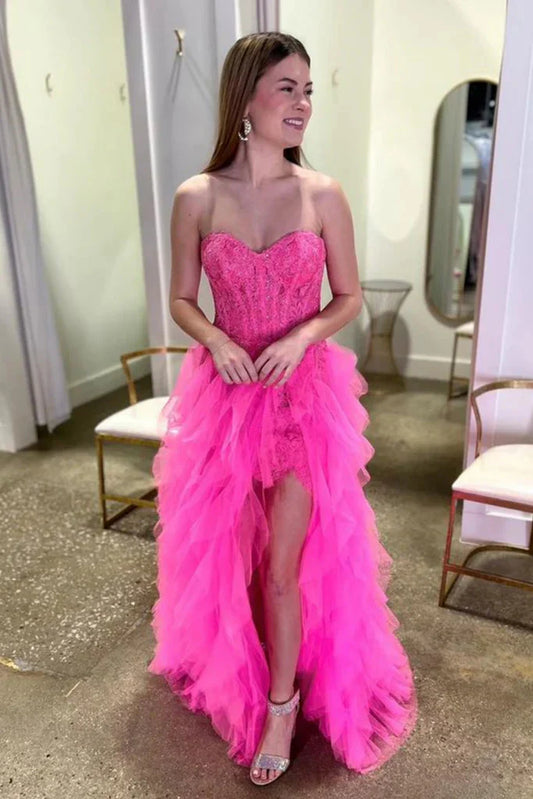 Pink Sweetheart Strapless A-Line Tiered Tulle Party Prom Dress