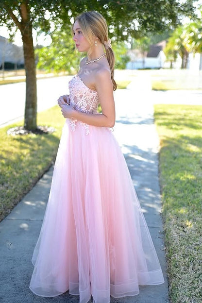Pink Sweetheart Strapless Appliques Empire Tulle Party Prom Dress