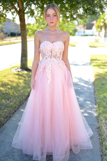 Pink Sweetheart Strapless Appliques Empire Tulle Party Prom Dress