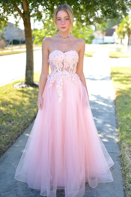 Pink Sweetheart Strapless Appliques Empire Tulle Party Prom Dress