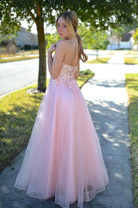 Pink Sweetheart Strapless Appliques Empire Tulle Party Prom Dress