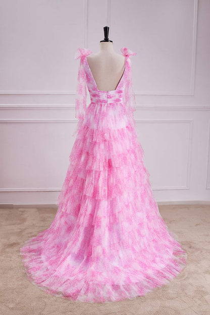 Pink Floral Bow Tie Straps Layers A-line Long Prom Dress with Slit