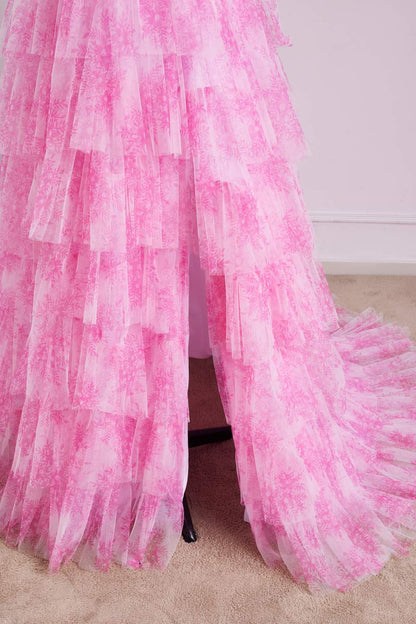 Pink Floral Bow Tie Straps Layers A-line Long Prom Dress with Slit