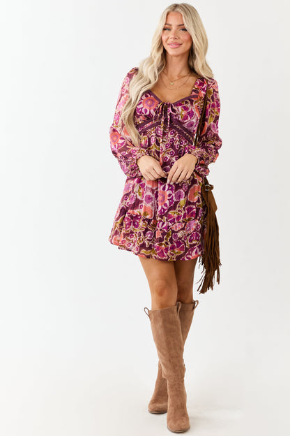 Plum Floral Print Deep V Neck Long Sleeve Mini Dress
